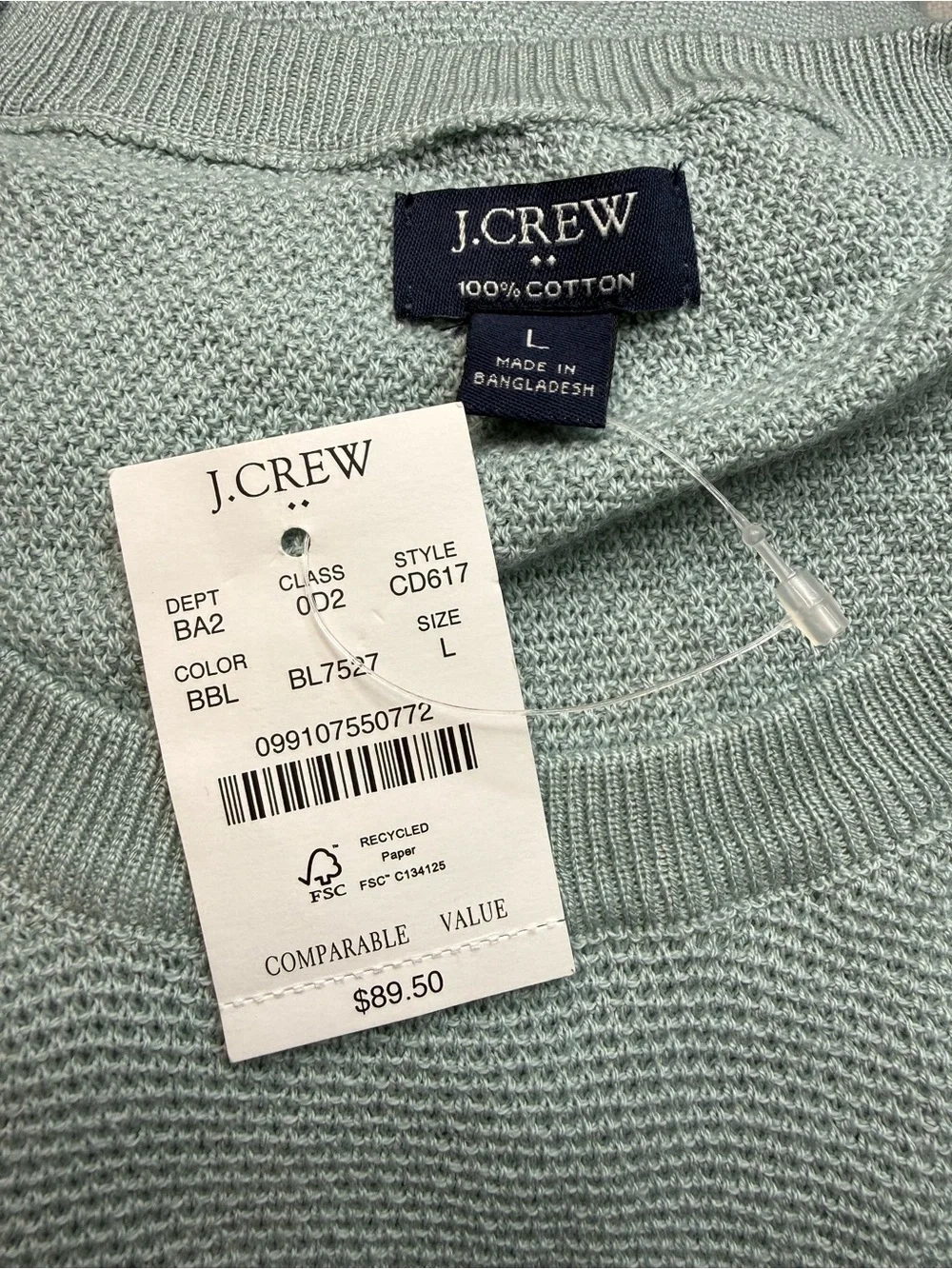 J.Crew Textured Cotton Crewneck Sweater Blue Mist NWT Size Large Knit Pullover